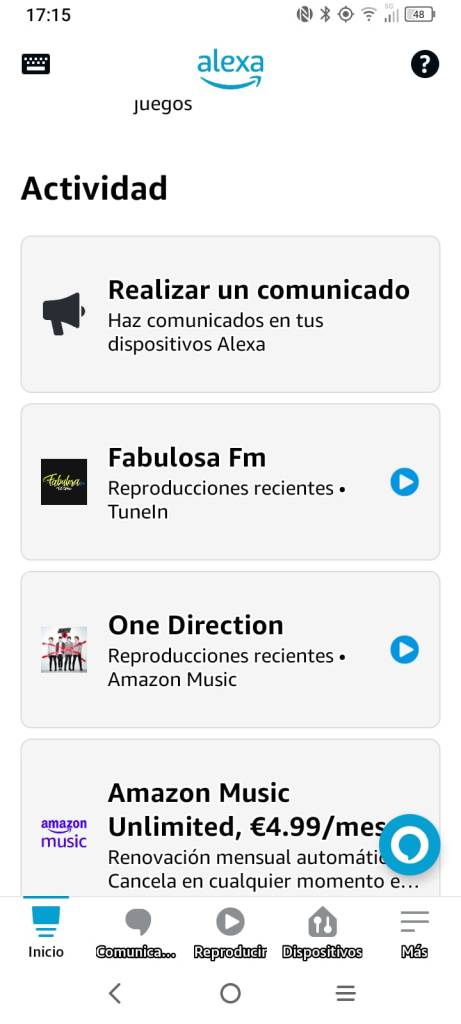pantalla actividad alexa