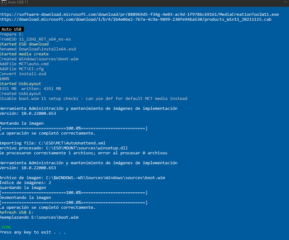 Fin creación disco instalación w11