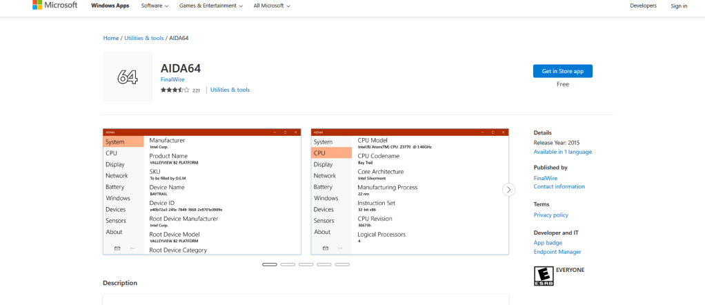 pantalla de aida64 en tienda de Microsoft