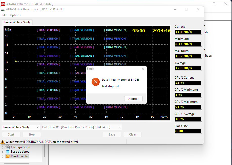 error en aida64 versión de prueba