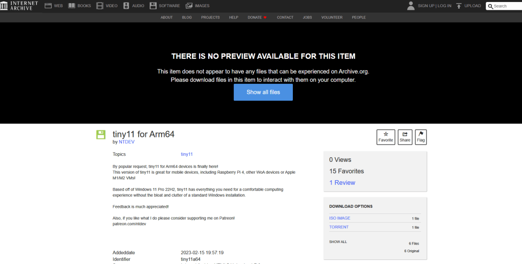 Imagen del sitio de descarga de tiny11 para ARM64