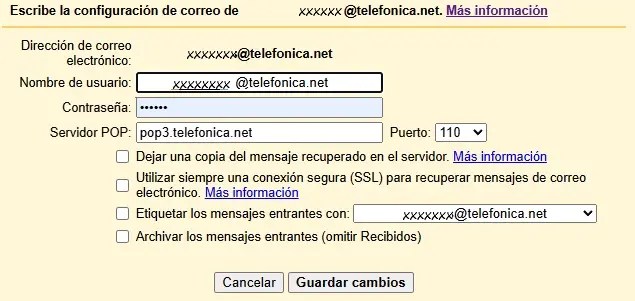 Ajustes en gmail para aceptar correos de telefonica.net