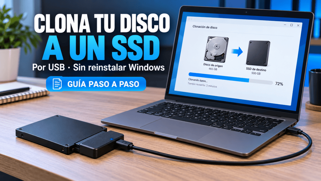 Portátil clonando su disco a un SSD conectado mediante un adaptador USB a SATA